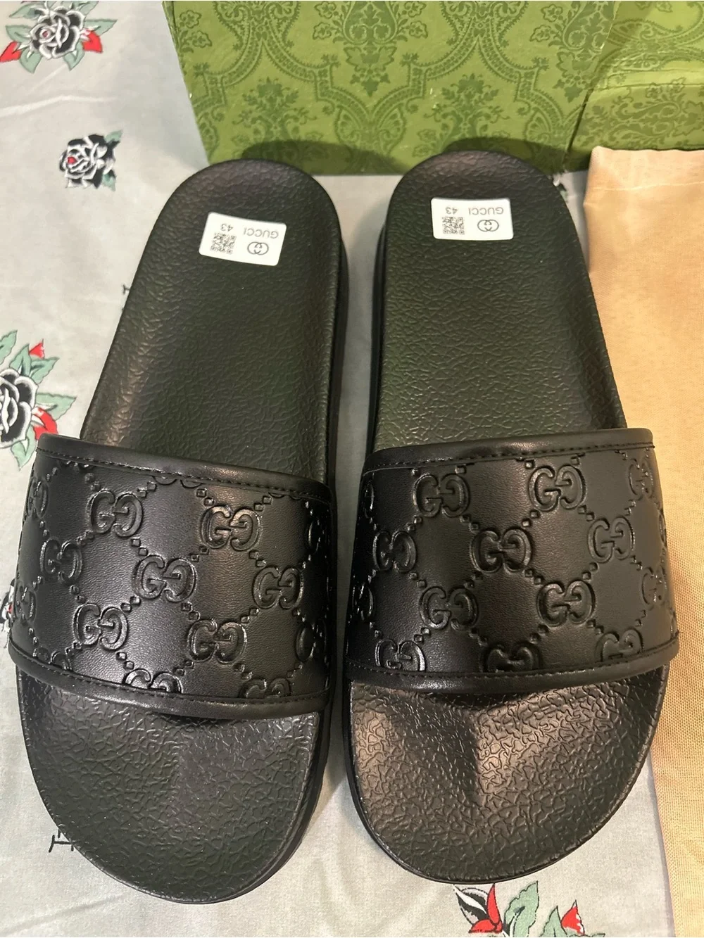 Gucci Black Embossed GG Leather Slide Sandals for Men